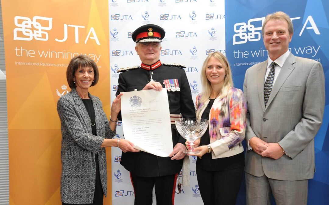 The Directors of JTA receive a Grant of Appointment and commemorative crystal bowl from the Lord Lieutenant – from left to right: Sally Tibbs (Director), Lord Lieutenant of Kent, Viscount De L’Isle MBE, Séverine Hubert (Managing Director) and Jon Tibbs (Chairman). (c) Damian Walker.