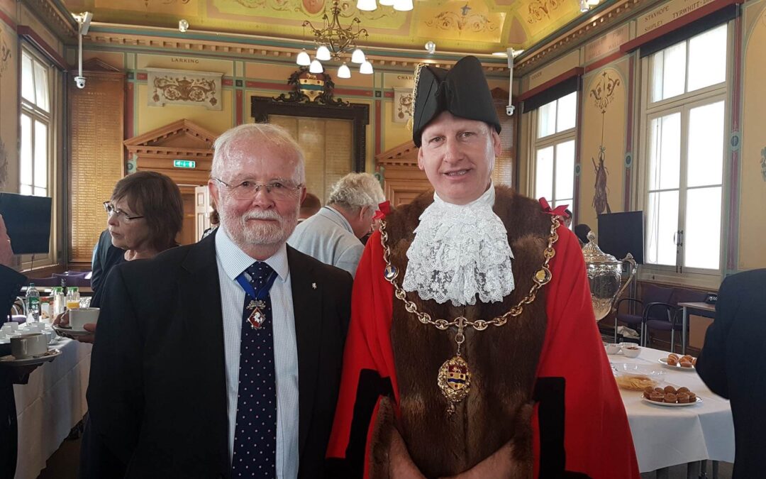Mr Bill Cockcroft DL pictured with the Mayor of Maidstone, Councillor David Naghi, at the Reception which took place in the Town Hall after the ceremony. (c) Maidstone Borough Council.