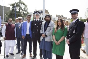From left to right: Mohammed Aslam, Dr Vasudaven DL, Gurvinder Sandher, Assistant Chief Constable Pete Ayling, Imam Tahirain Ali Shah, Cllr Gurjit Bains and Chief Inspector Andy Gadd. (c) Gravesham Borough Council.