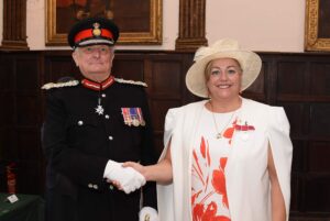 Mrs Dorothy Mcgovern being congratulated by the Lord-Lieutenant. (c) Barry Duffield DL.