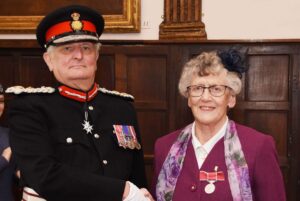 Reverend Marina Jeffrey-Watson receiving her medal from the Lord-Lieutenant. (c) Barry Duffield DL.