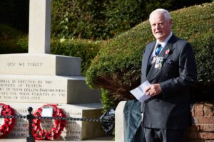 Teston War Memorial on Remembrance Sunday where Lieutenant Colonel Richard Dixon TD DL unveiled a plaque and gave a short address on behalf of the Lord-Lieutenant.