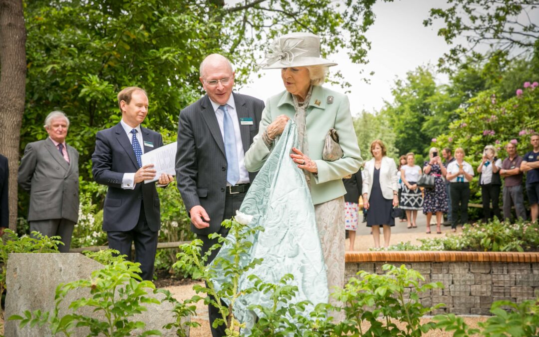 Princess Alexandra unveiling the plaque for the new Princess Alexandra Garden, with from left to right: The Lord-Lieutenant, Viscount De L'Isle; Sir David Steele, Leeds Castle Chief Executive and Mr Niall Dickson, Leeds Castle Foundation Chairman. (c) Leeds Castle.
